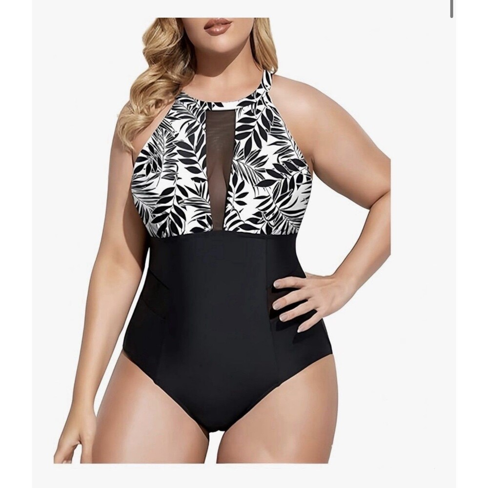 Women One Piece Swimsuit High Neck Plunge Tummy Control floral black & white 12W